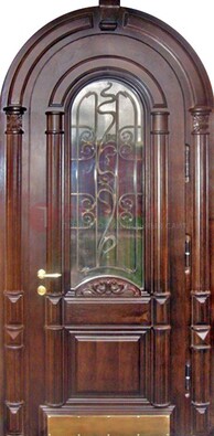 Арочная металлическая дверь массив со стеклом и ковкой ДА-50 в Белгороде